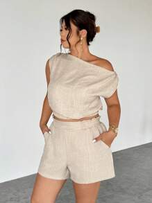 Firerie 2pcs Plus Size Women Linen Color Asymmetrical Shoulder Ruched Blouse And Shorts Set, With Pockets, Lightweight, Comfortable, Fit For Spring/Summer/Autumn, Suitable For Commute, Elegant, Casual, Beach, Bohemian, Hawaii,Two Piece Set Women