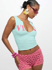 SUMWON WOMEN 女式缺口领短款背心夏季休闲无袖 - 藍色 - 查看 7