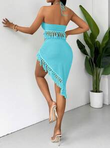 BamGleam 2 piezas Conjunto de vacaciones sexy con parte superior de halter de punto texturizado y flecos - Celeste - Ver 2