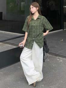 DAZY 女士翻领格子宽松短袖绿色街头风衬衫，法兰绒复活节 - 綠色 - 查看 3