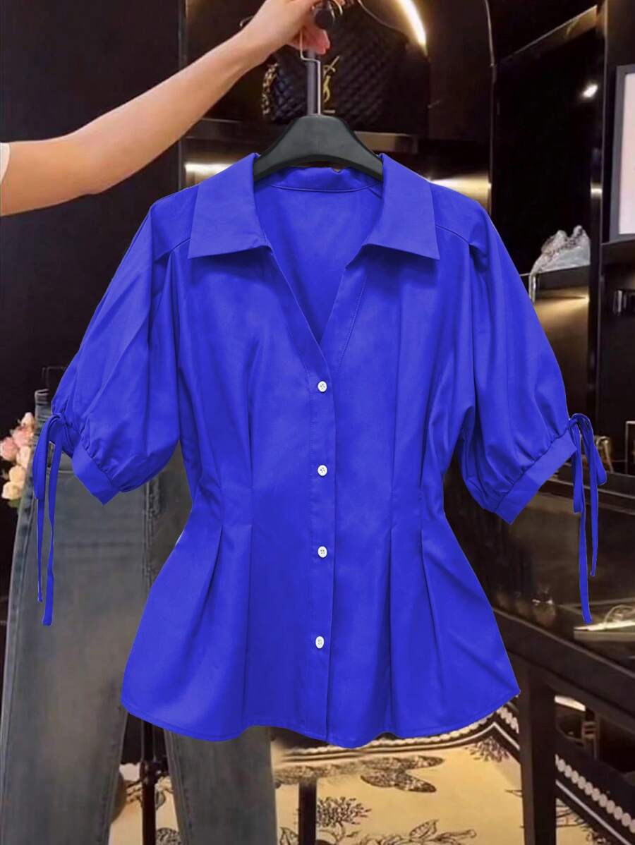 Franclia Áo cánh tay ngắn thanh lịch cho nữ, áo chẽn eo xếp nếp che bụng đơn giản - Xanh đậm - Xem 1