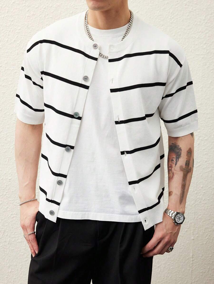 Manfinity CasualKnits Men's Striped Single-Breasted Short Sleeve Casual Knit Top - Multicolor - View 1