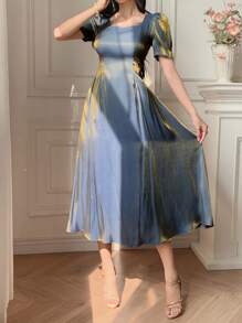 DAZY 女士优雅拼布方领泡泡袖中长连衣裙 - 藍色 - 查看 4