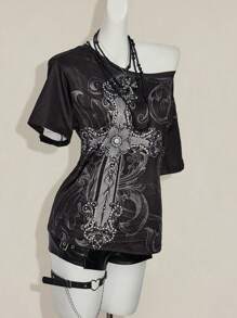 SHEIN ICON Y2K 复古垃圾风十字印花斜肩宽松休闲T恤