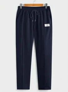 Manfinity BRENVOR Men Spring/Summer Casual Plain Patched Detail Short Sleeve T-Shirt And Long Pants 2pcs Set, Cozy Outfits - Navy Blue - View 5