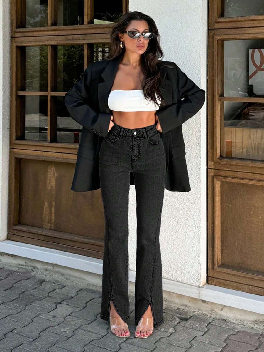 EURMUSE Casual Washed High Waist Split Hem Fitted Flare Leg Jeans - Black - View 1