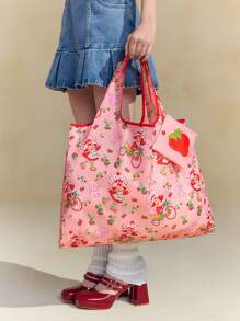 Strawberry Shortcake X SHEIN Sac fourre-tout pliable de shopping à bloc de couleurs avec personnage de dessin animé mignon et impression de fraise, et joli porte-monnaie
