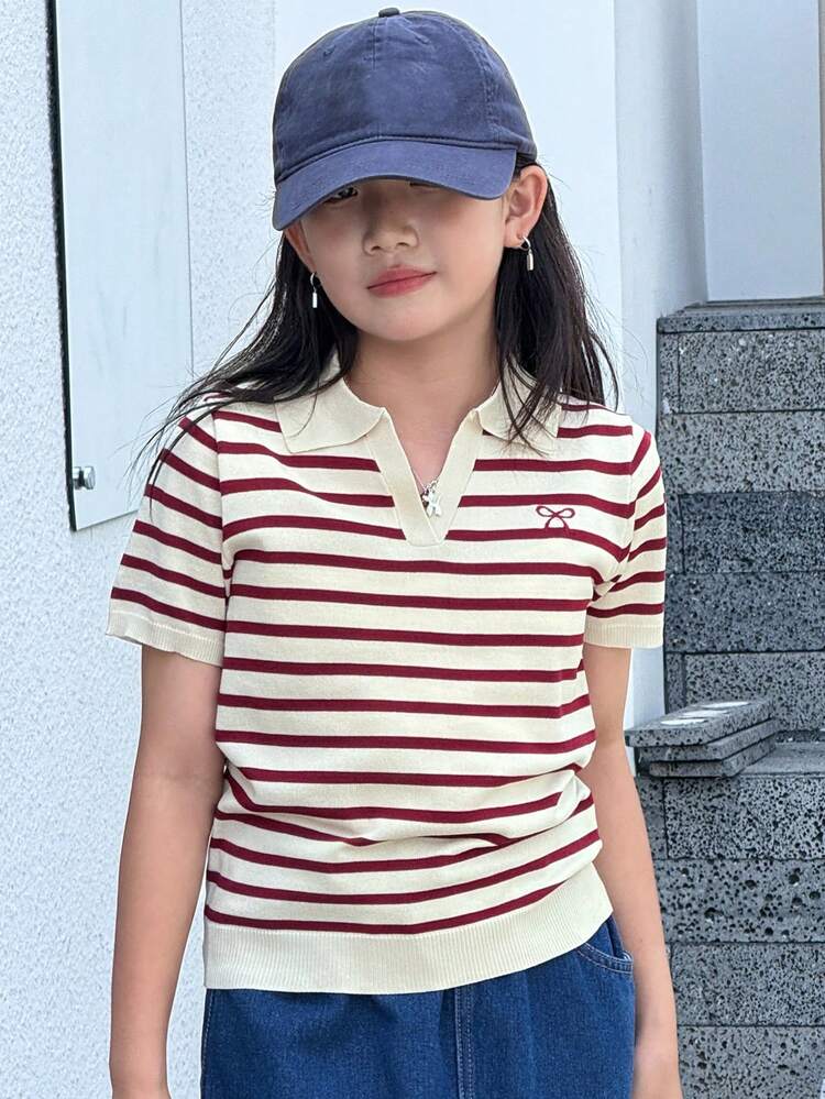 Tween Girl Casual Loose Striped Short Sleeve Pullover Sweater, Summer, Back To School