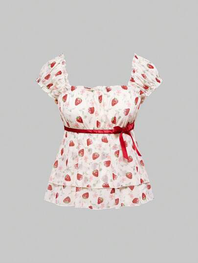 Kawaii Robe Dolly à col carré avec manches bouffantes et imprimé fraise mignon avec nœud papillon, T-shirt pour femme
