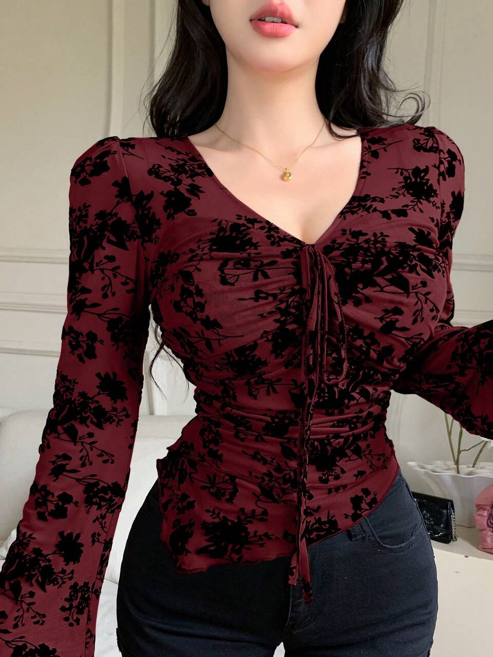 Women's Burgundy Ditsy Floral V-Neck Drawstring Tie Bell Sleeve Asymmetric Hem Blouse,Winter Seksi Chic Long Sleeve Tops For Date Valentine's Day