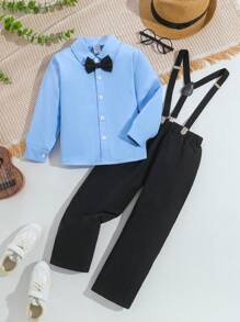 SHEIN 2 件套年轻男孩绅士服装套装，春/秋季，包括 1 件长袖翻领衬衫和 1 条带可调节吊带的及踝休闲裤，适合生日派对、婚礼、婚礼宾客、戒指持有人、花童 - 淺藍色 - 查看 6