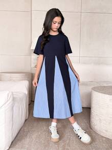 SHEIN فستان صيفي قصير الأكمام مخطط ومتعدد الألوان لفتيات المراهقة بياقة مستديرة - أبيض - مشاهدة 6