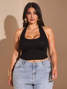 SHEIN BAE Plus Size Women White Halter Neck Cropped Tank Top, Suitable For Summer - Black - View 2