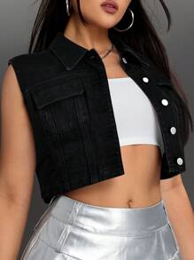 SHEIN ICON Casual Washed Sleeveless Cropped Denim Jacket