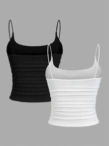 SHEIN Unity 百搭纯色加垫吊带背心套装 - 黑與白 - 查看 2