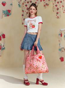 Strawberry Shortcake X SHEIN Sac fourre-tout pliable de shopping à bloc de couleurs avec personnage de dessin animé mignon et impression de fraise, et joli porte-monnaie