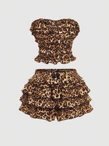 SHEIN MOD Conjunto de 2 piezas para mujer con top cropped sin tirantes + falda con estampado de leopardo en capas, atuendo para festival de verano