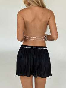 Aloruh Bộ trang phục gợi cảm Y2K Festival Decor Beach Resort Chain Pearl hở lưng: Váy ngắn + Áo crop top - màu đen - Xem 3