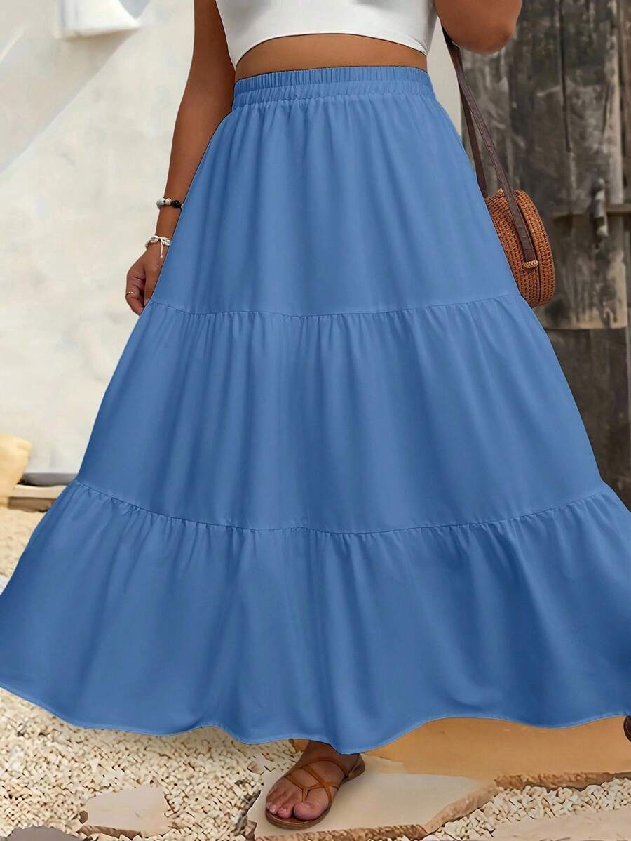 SHEIN Clasi 大码休闲纯色半身裙长裙 - 淺藍色 - 查看 1