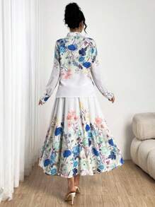 Modelyn 2件套女士花卉印花长袖衬衫和裙子
