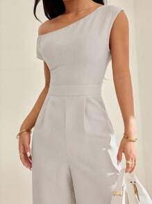 SHEIN PETITE Women's Solid Color Loose Fit Asymmetrical Shoulder Pleated Jumpsuit - Beige - View 3