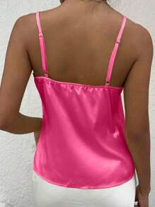 SHEIN Unity Top de tirantes informal de verano para mujer, de unicolor con contraste de encaje en la parte delantera - Rosa Fucsia - Ver 2