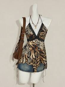 SHEIN ICON Áo ba lỗ lưới chắp vá họa tiết động vật bất đối xứng hở lưng cho nữ - Nhiều màu - Xem 4