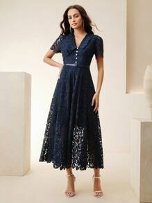 Anewsta 女式V领束腰优雅修身水溶蕾丝中长连衣裙