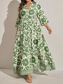 Comfylo Abito da spiaggia con stampa floreale, maniche a balze e volant per donne taglie forti