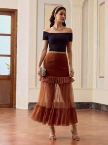 ZEYLAH Women's Elegant Patchwork Ruffle Hem Skirt - Coffee Brown - View 6