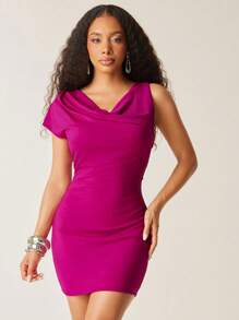 Vixey 夏季纯色针织围脖领紧身连衣裙、婚礼宾客礼服、约会夜服装、外出装 - 玫紅色 - 查看 4