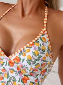 Swim Mod 2pcs Lemon Print Beachwear Set, Striped Adjustable Camisole And Bikini For Summer Beach Vacation