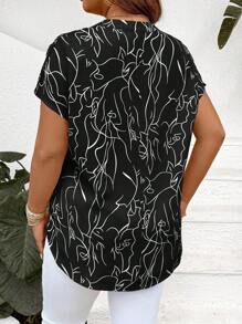 SHEIN LUNE 女士休闲短袖衬衫，时尚，适合春季复活节西式装夏季度假大码衬衫女士衬衫短袖大码 V 领衬衫抽象印花大码上衣，教师衬衫 - 黑色 - 查看 2