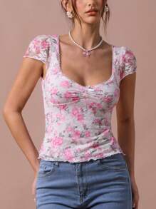 Enchnt 春夏浪漫女士白色时尚花卉印花方领蕾丝边短袖上衣，休闲舒适，适合生日、节日派对、甜蜜约会、日常通勤、毕业典礼、度假和婚礼季节必备、夏季百搭、音乐会女士、复活节 - 粉色 - 查看 2