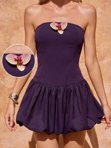 SHEIN Clasi Women's Elegant Dark Purple Floral Patch Sleeveless Mini Dress,Summer Beach Vacation Outfits,Night Out Party Dress,Solid Color Strapless Essentials - Purple - View 3