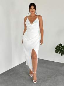 Firerie 大码女式优雅细肩带交叉后背开衩褶饰纯色长裙，带金属饰边，适合约会、度假、婚礼、情人节、音乐会、表演、高级宴会、舞会、性感、优雅、通勤、返校、海滩、浪漫、办公室女郎、美人鱼风格、生日派对 - 白色 - 查看 4