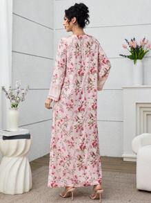 Yasmyna V领雪纺蕾丝拼接花卉印花连衣裙（含头巾） - 粉色 - 查看 4