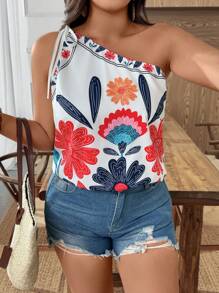 Weeklong Plus Size Women Floral Print Sleeveless Blouse For Outdoor & Holiday - White - View 5