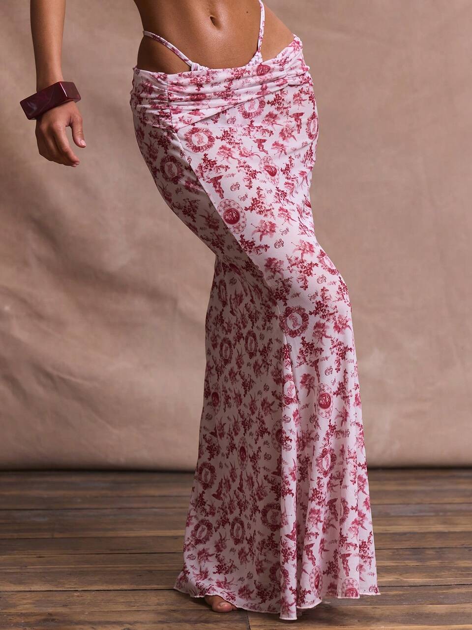 Pink Summer Boho Beach Vacation Holiday Floral Mesh Ruched Waist Maxi Skirt Cover Up Swim Elegant Festival Renaissance Wedding Guest