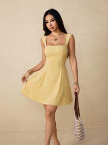SHEIN PETITE Váy ngắn hở lưng màu vàng bơ thanh lịch lãng mạn cho nữ, váy sinh nhật, váy bó sát đi biển, váy tiệc trà, váy mùa hè cho nữ - Vàng nhạt - Xem 5