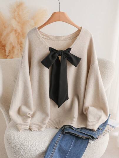 CosyJoli Plus Size Casual V-Neck Bowknot Backless Loose Pullover Sweater,Fall Clothes For Women Autumn