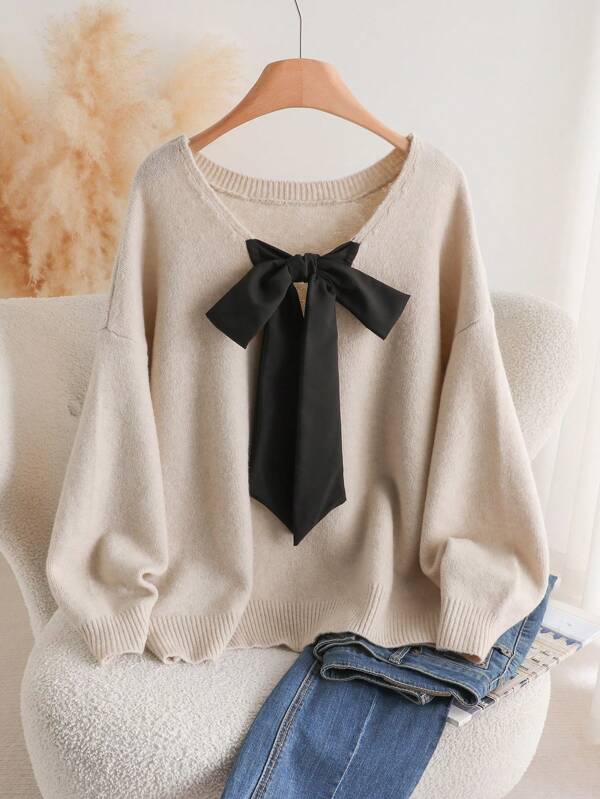 CosyJoli Plus Size Casual V-Neck Bowknot Backless Loose Pullover Sweater,Fall Clothes For Women