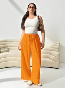 SHEIN EZwear 女士加大码橙色梭织宽松长裤 - 橘色 - 查看 3