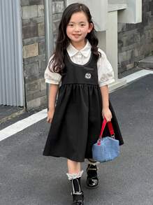 DAZY 2pcs/Set Young GirlRound Neck Casual Ruffle Trim T-Shirt And Round Neck Preppy Dress - Black - View 1