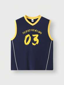 JNSQ Tween Boy Back To School Outdoor Sports Vest, Children's Crew Neck Colorblock Funny Letter Print Outdoor Sports Tank Top