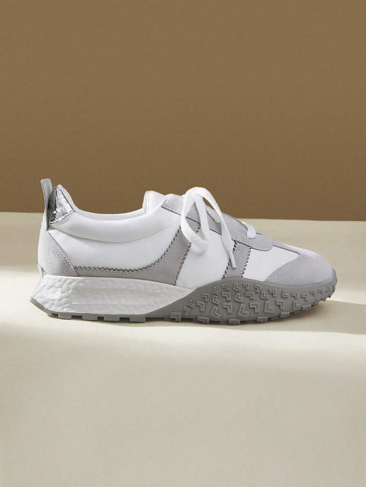 CUCCOO EASI Women Lace-Up Round Toe Chunky Sole Sneakers, Fashion Comfy PU Leather Gray Athletic Shoes, Daily Indoor & Outdoor Wear