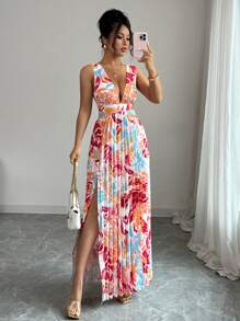 SHEIN PETITE 女士度假无袖印花深V领露肩褶饰性感节日连衣裙（随机印花）