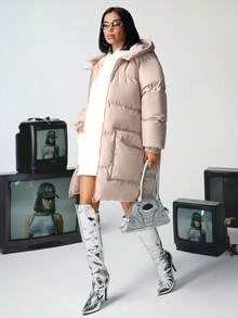 EURMUSE Women's Solid Hooded Casual Winter Coat - Beige - View 4