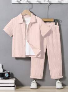 SHEIN Vintaside Kids 2 件套年轻男孩休闲学院风字母 Polo 领短袖衬衫和短裤，舒适透气，适合日常穿着、上学、度假、旅行、放松、日光浴、夏季 - 米色 - 查看 7