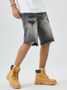 Manfinity EMRG Men's Distressed Black Denim Shorts Raw Hem Ripped Detailing And Avant-Garde Street Style - Black - View 5